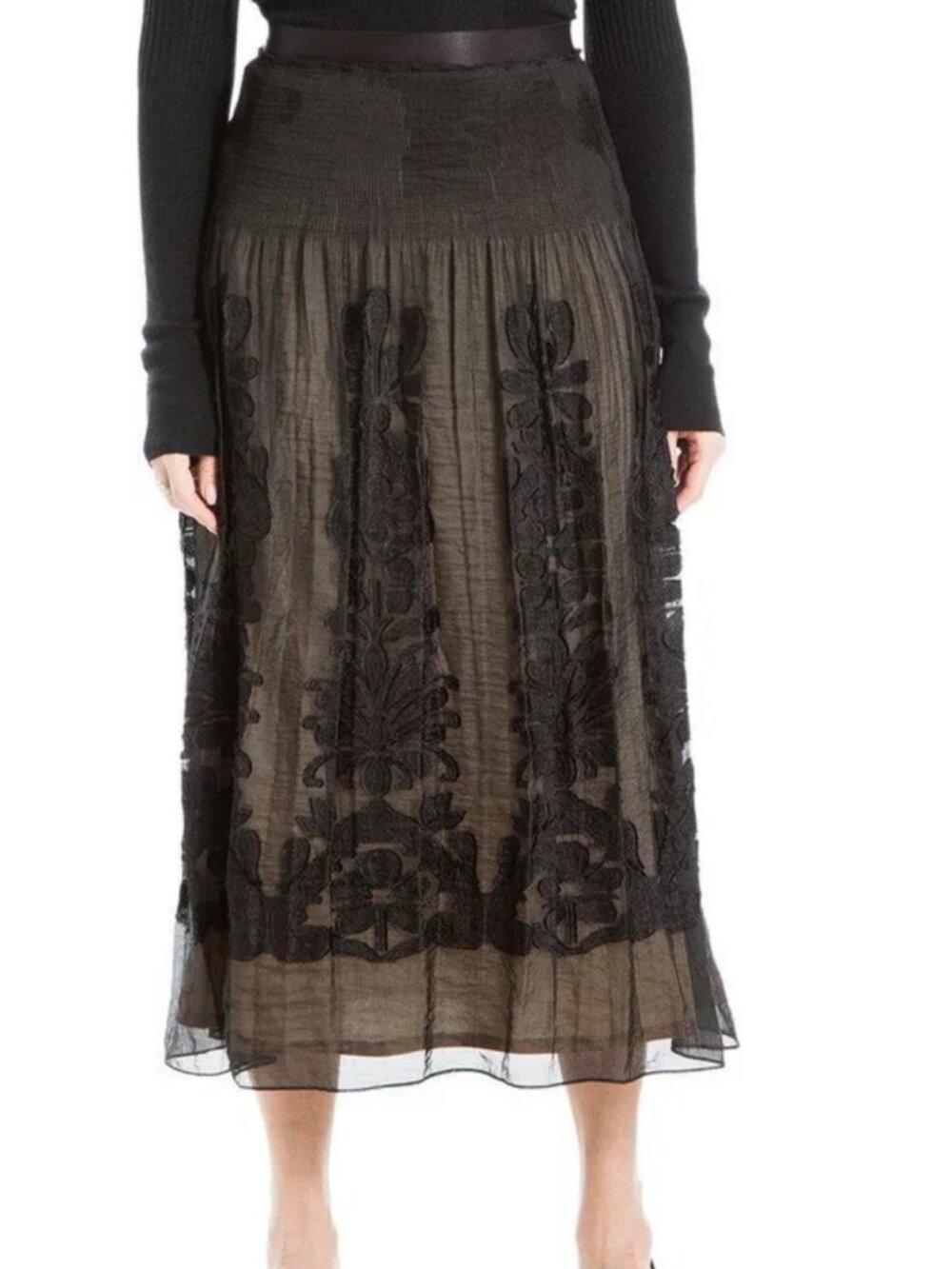 MAX STUDIO Floral Jacquard Overlay Midi Skirt Black Nude Small